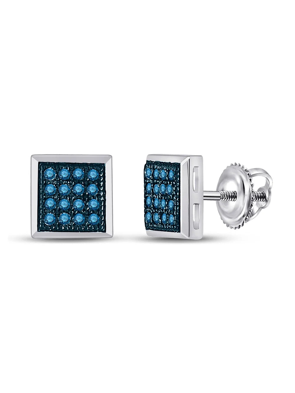 Blue Color Enhanced Diamond Square Cluster Stud Earrings D7481