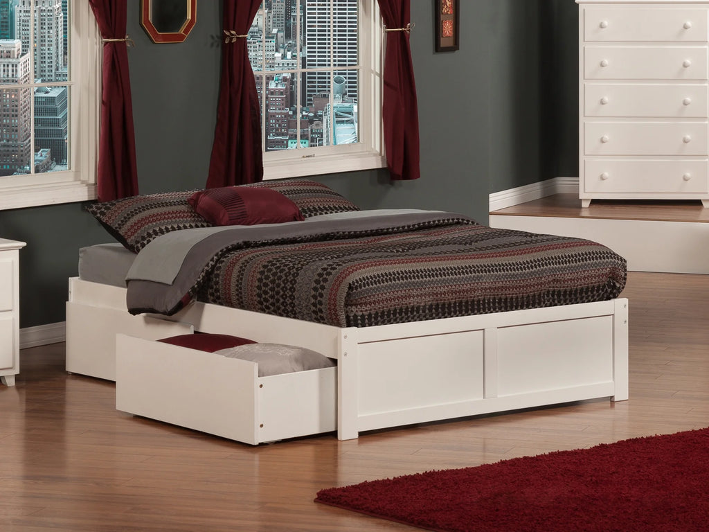 White Solid Wood Platform Bed with Footboard and 2 Storage Drawers K91415