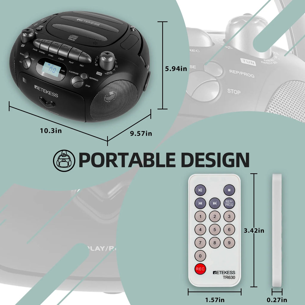 Black Portable CD and Cassette Player Boombox with AM FM Radio Y781