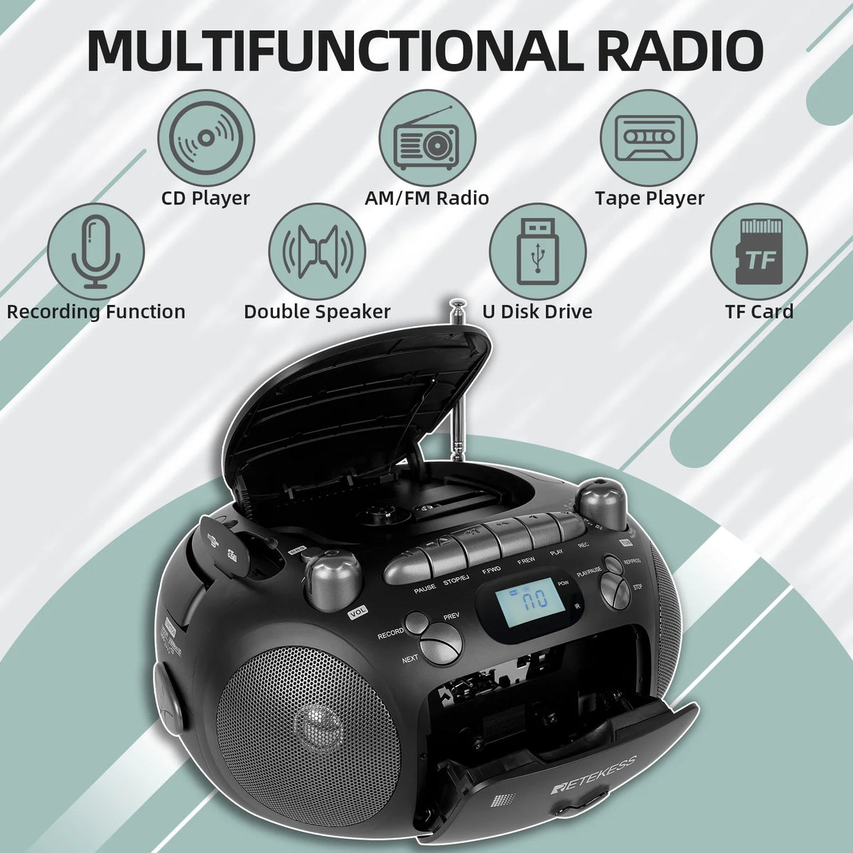Black Portable CD and Cassette Player Boombox with AM FM Radio Y781
