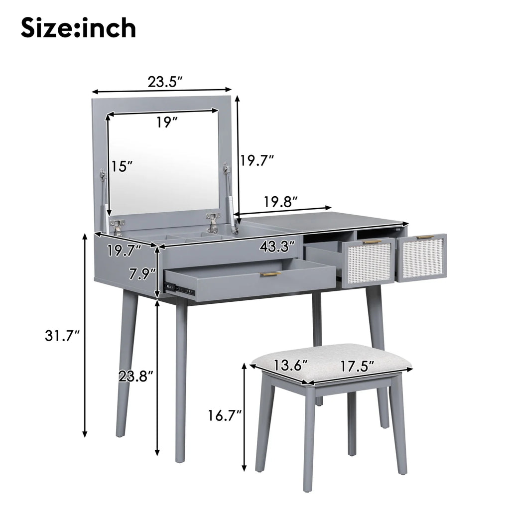 Gray Wood Vanity Table and Stool Set with 3 Drawer A22180