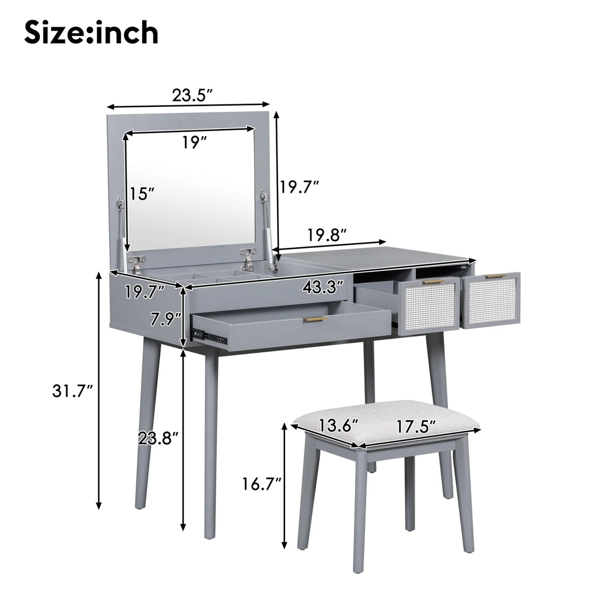 Gray Wood Vanity Table and Stool Set with 3 Drawer A22180