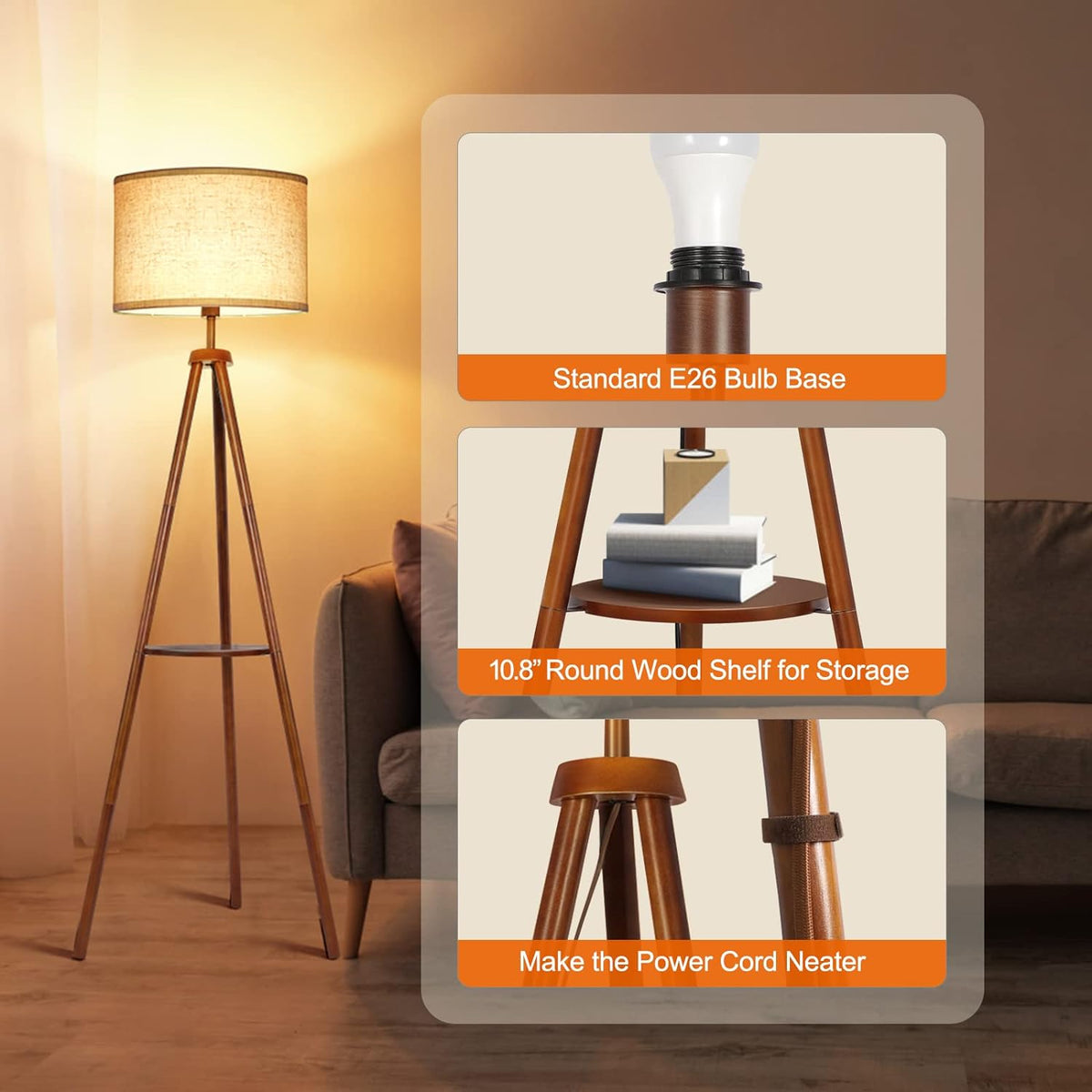 Wood Tripod Floor Lamp with Beige Linen Texture Shade R198751