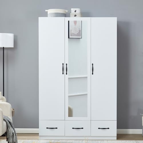 Rattan Armoire Wardrobe Closet Wood 71" Tall with 3 Doors 4 Drawers Mirror Hanging Rod and Shelves C646483