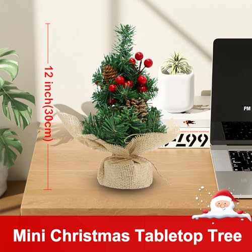 12 Inch Mini Tabletop Artificial Christmas Tree with Timer Lights Pinecones Red Berries R674