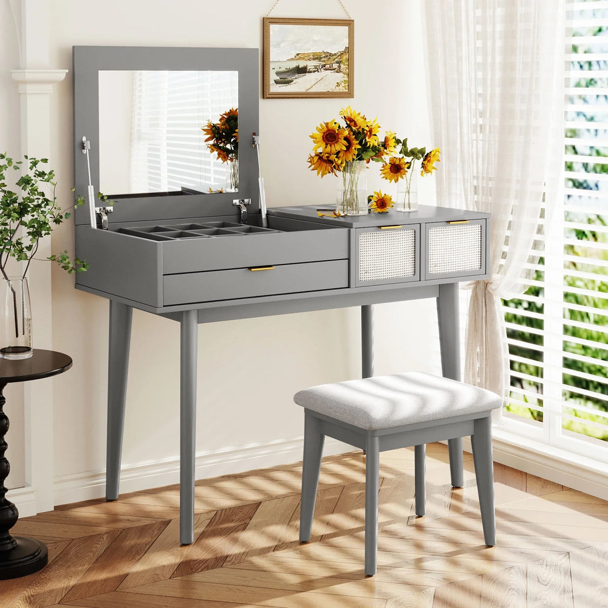 Gray Wood Vanity Table and Stool Set with 3 Drawer A22180