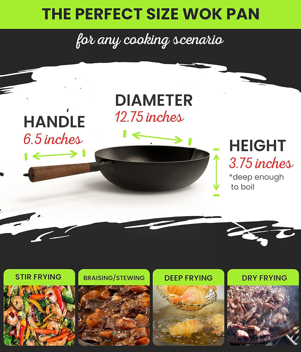 Carbon Steel Wok Pan with Lid, 12.5 Nonstick, Hand-Hammered, Round Flat Bottom, Pack of 2 G481