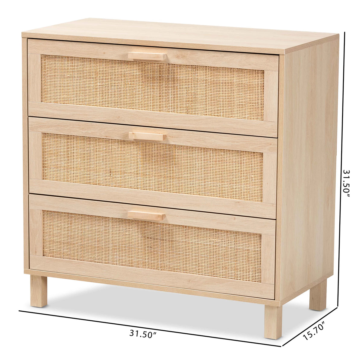 Light Brown Wood 3 Drawer Storage Cabinet with Rattan U125