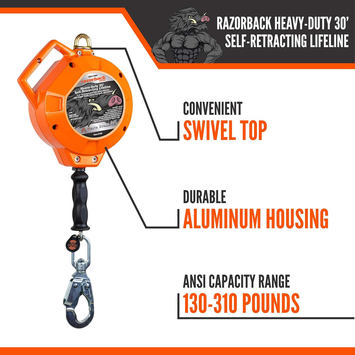 20' Heavy-Duty Self Retracting Lifeline Galvanized Cable D230861