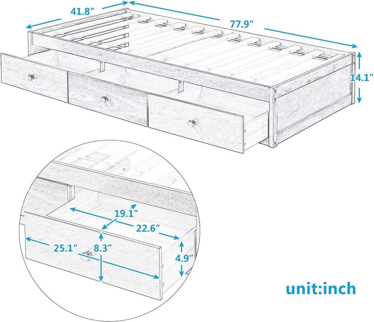 Wood Platform Bed Frame with 3 Drawers V642
