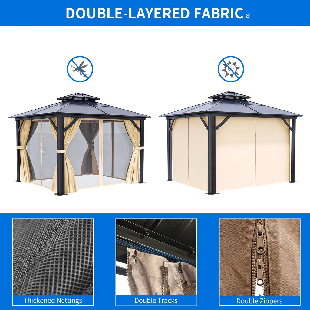 10x10ft Double Roof Polycarbonate Hardtop Gazebo with Netting and Curtains H2593