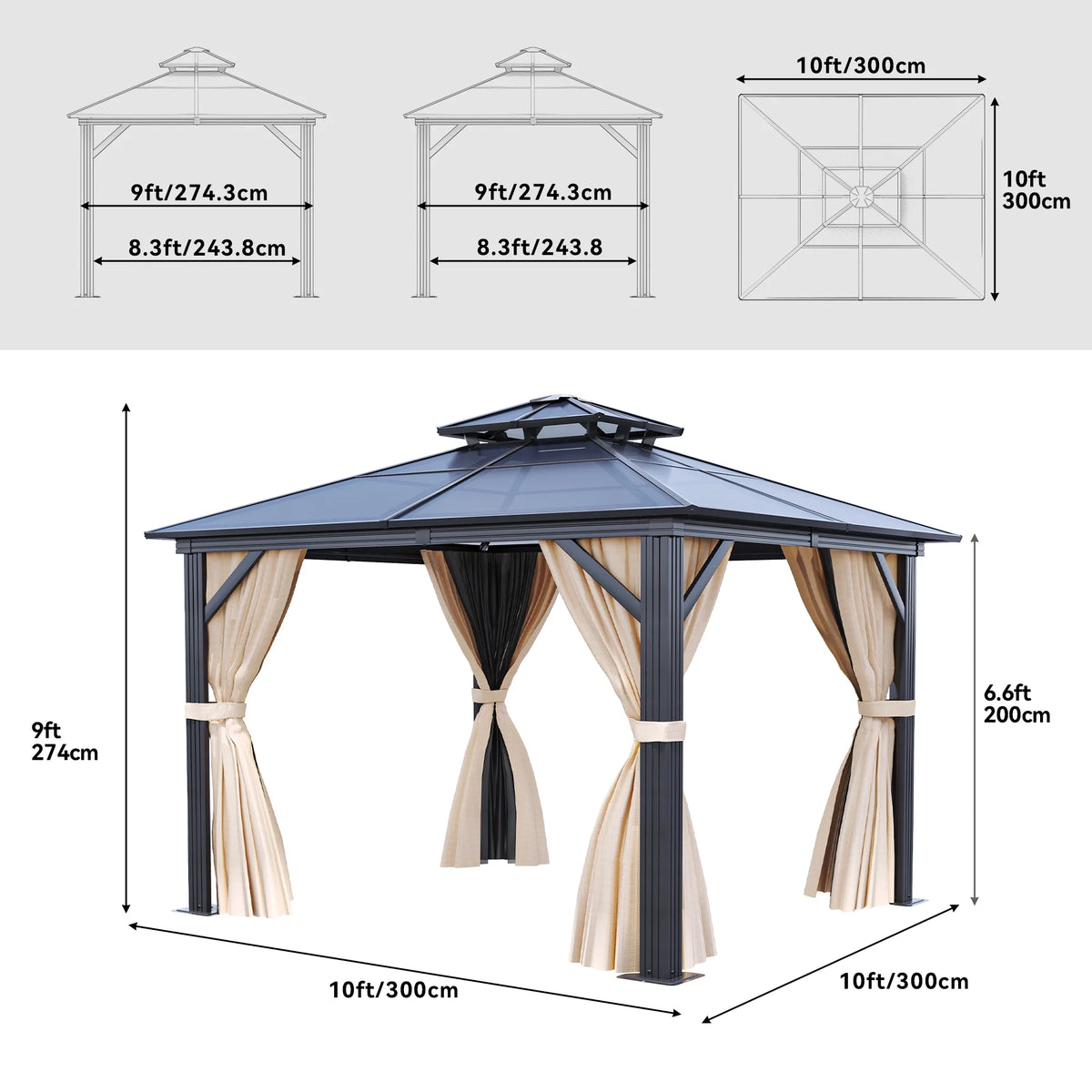 10x10ft Double Roof Polycarbonate Hardtop Gazebo with Netting and Curtains H2593