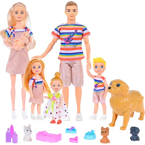 6 People Dollhouse Dolls Playset with Pets and Accessories H8301