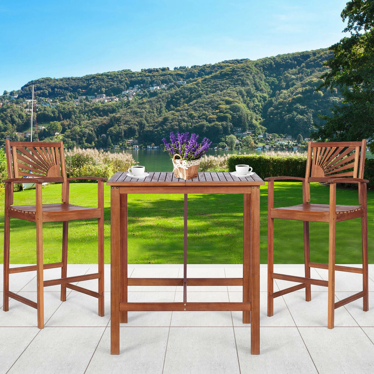 3PCS Acacia Wood Patio Bar Table & Stool Set N739568