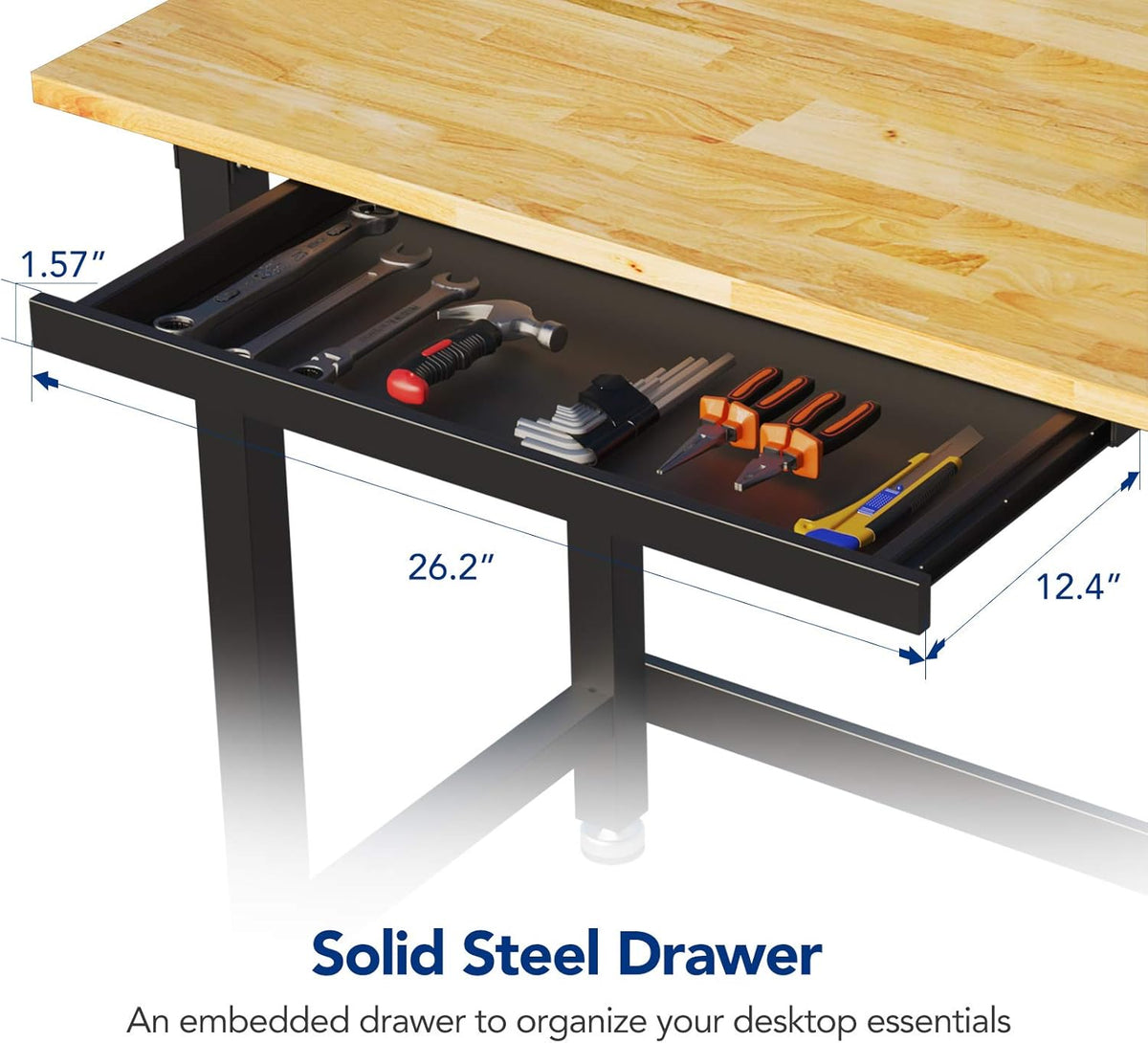 Work Bench with Drawer 3000-lb Capacity 48"x 24" Rubber Wood Top Heavy-Duty Steel Frame L9771