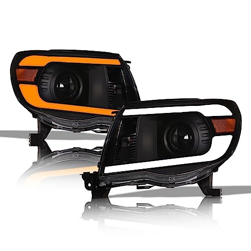 Black Amber Projector Headlights with LED Light Bar O7551