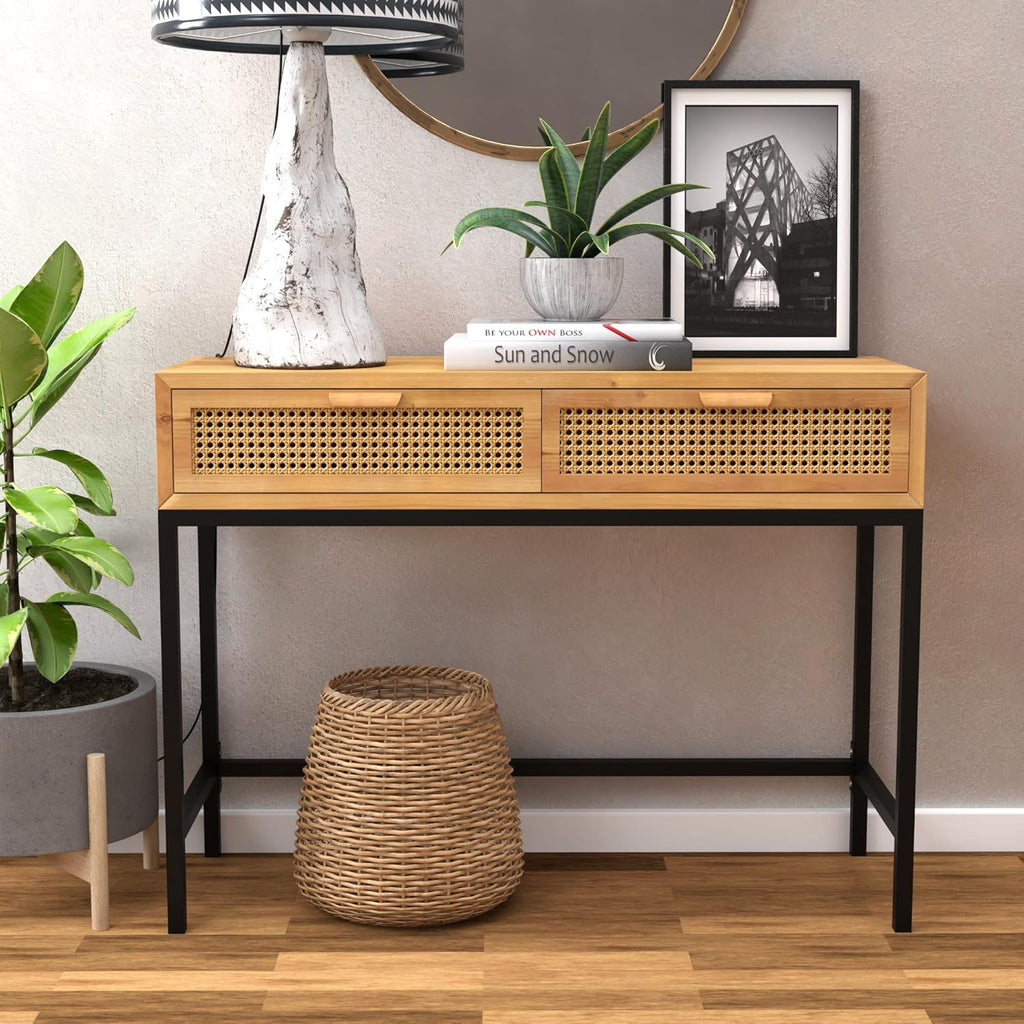 Rustic Console Table with 2 Drawers Natural Finish Distressed Grey J210
