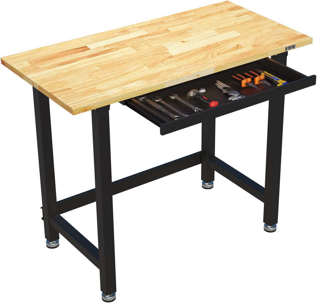 Work Bench with Drawer 3000-lb Capacity 48"x 24" Rubber Wood Top Heavy-Duty Steel Frame L9771