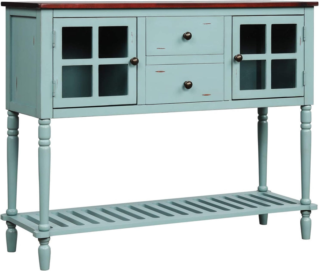 Antique Grey Console Table with 2 Storage Drawers and 2 Glass Door Cabinets Y244