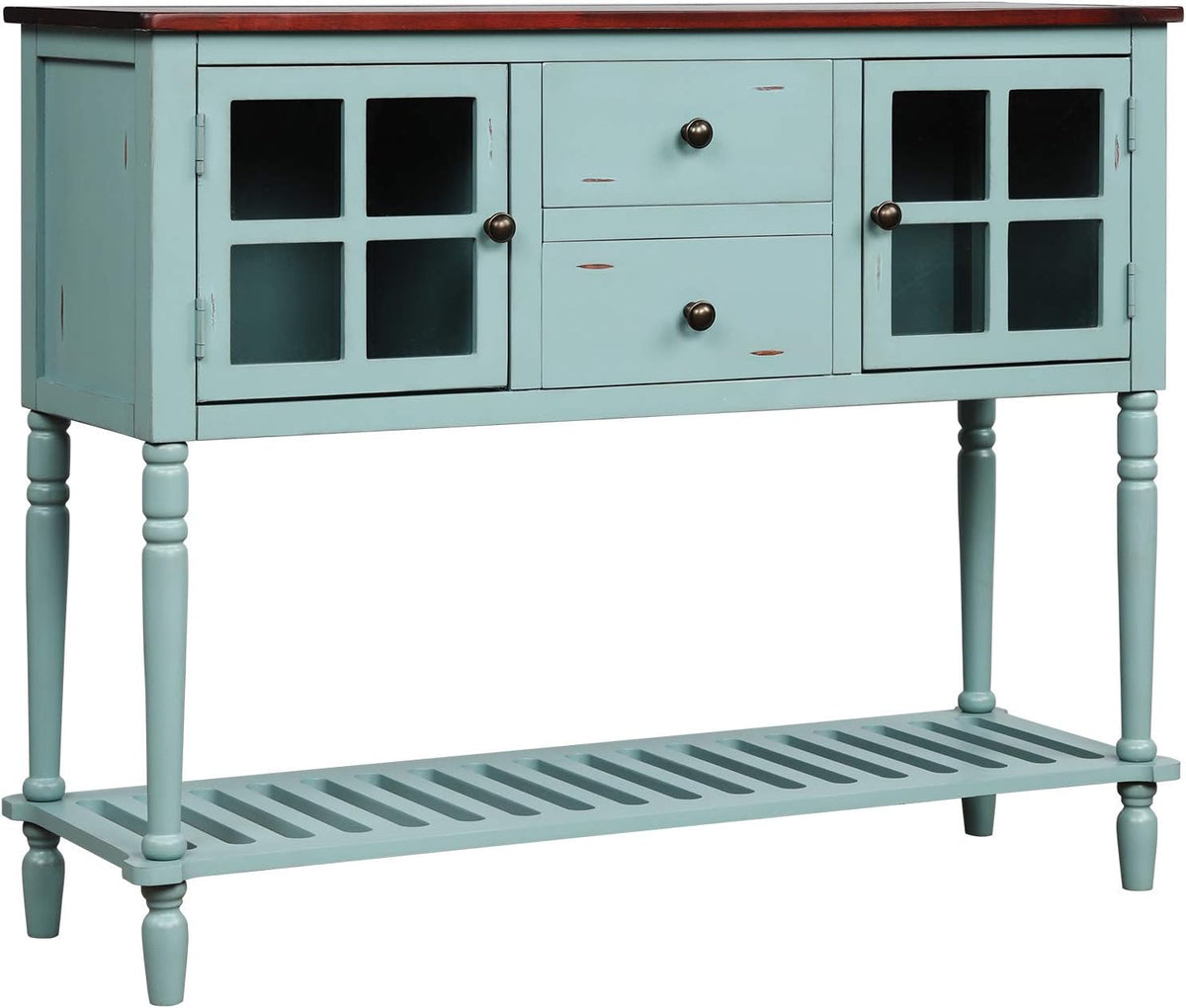 Antique Grey Console Table with 2 Storage Drawers and 2 Glass Door Cabinets Y244