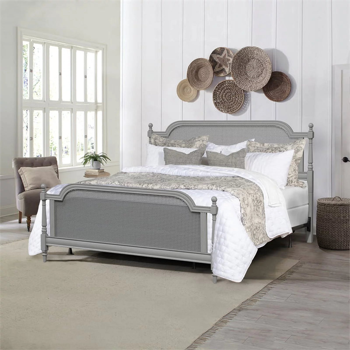 King Wood and Cane Bed French Gray A533
