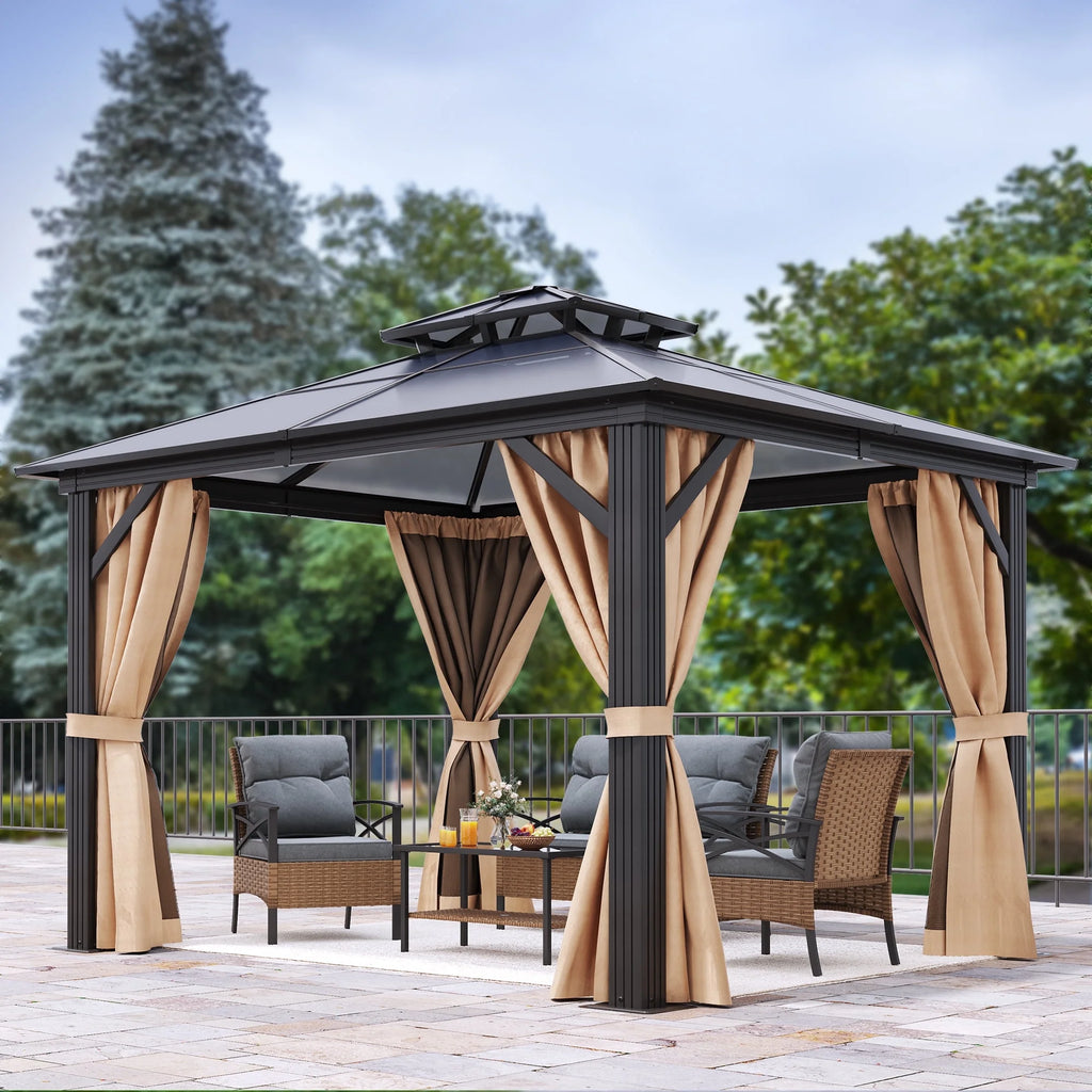 10x10ft Double Roof Polycarbonate Hardtop Gazebo with Netting and Curtains H2593