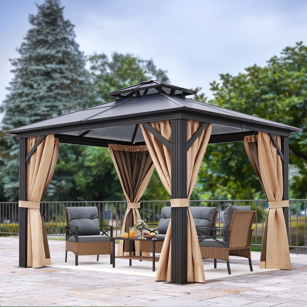 10x10ft Double Roof Polycarbonate Hardtop Gazebo with Netting and Curtains H2593