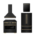 36 Inch Gas Range, Range Hood, Dishwasher, Refrigerator in Black O3699