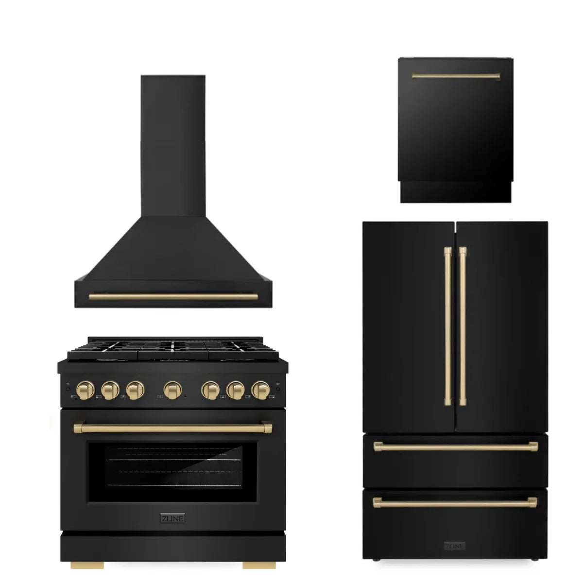 36 Inch Gas Range, Range Hood, Dishwasher, Refrigerator in Black O3699