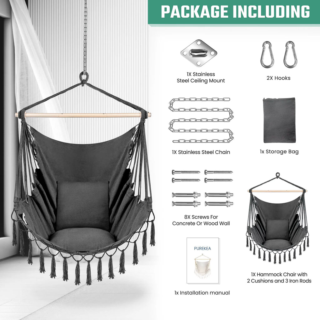 Oversized Hammock Chair with 2 Cushions, Grey J477999