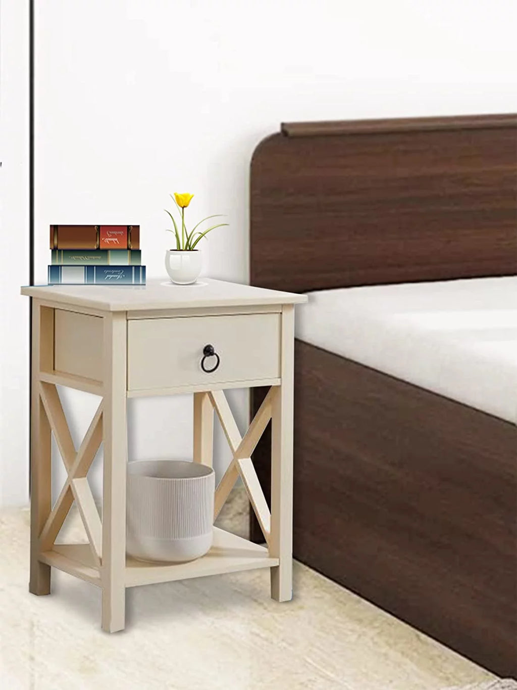 Cream Wood Nightstand with Storage Shelf and Drawer, Set of 2 B5820