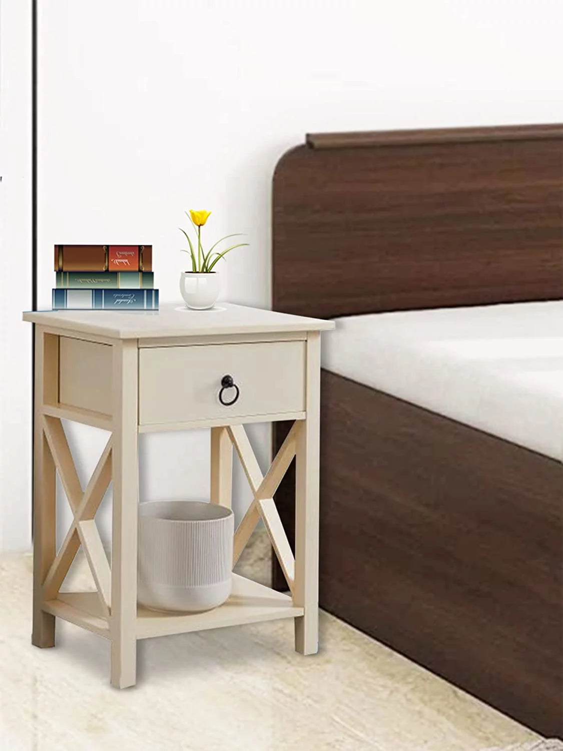 Cream Wood Nightstand with Storage Shelf and Drawer, Set of 2 B5820