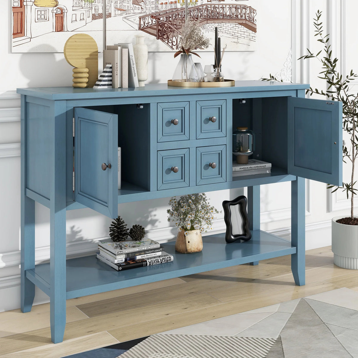 Vintage Console Table with 4 Drawers and Bottom Shelf S56419