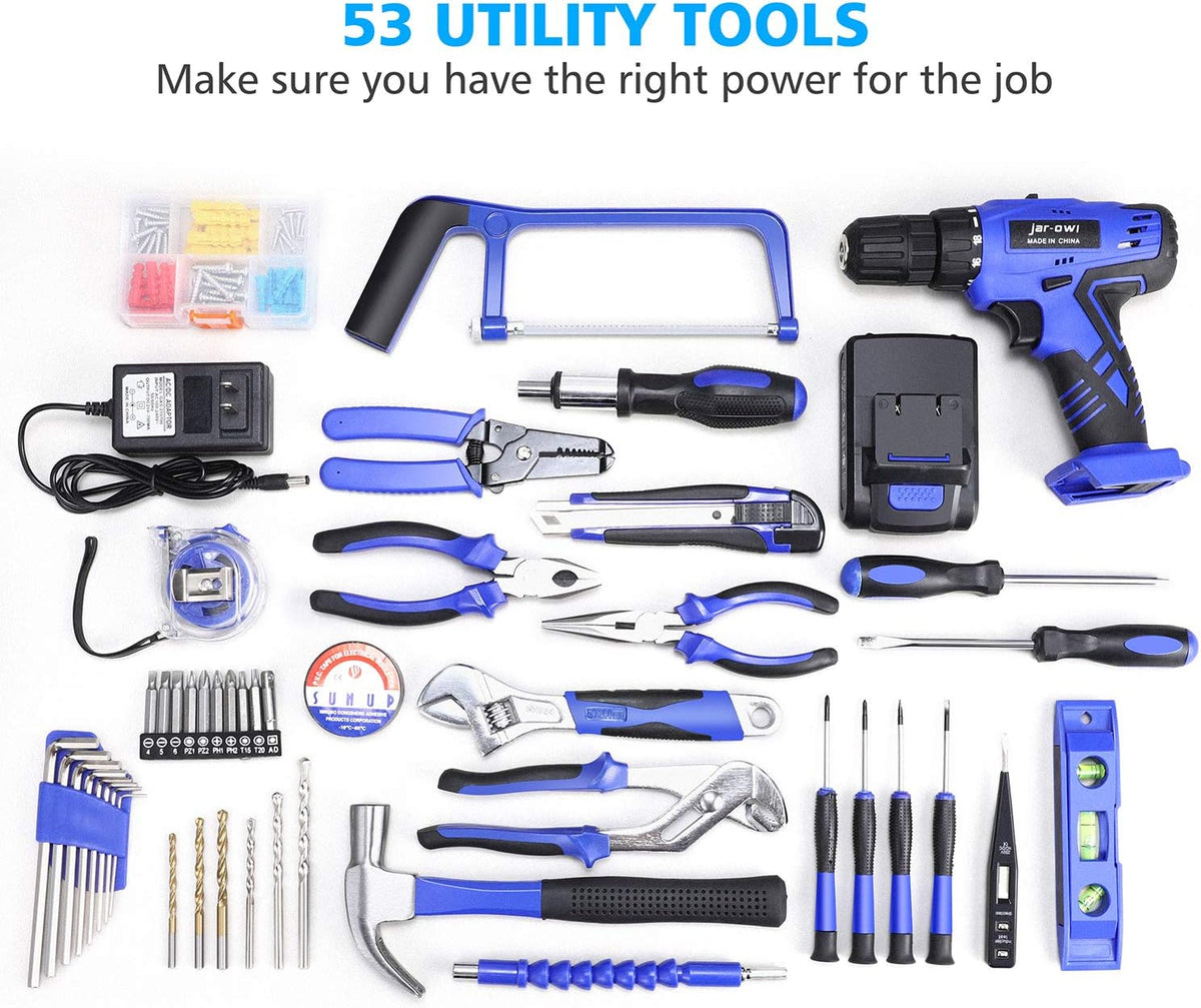 21V Cordless Drill Power Tools Combo Kit with 112Pcs Hand DIY Tool Set, Blue, Pack of 2 A662669