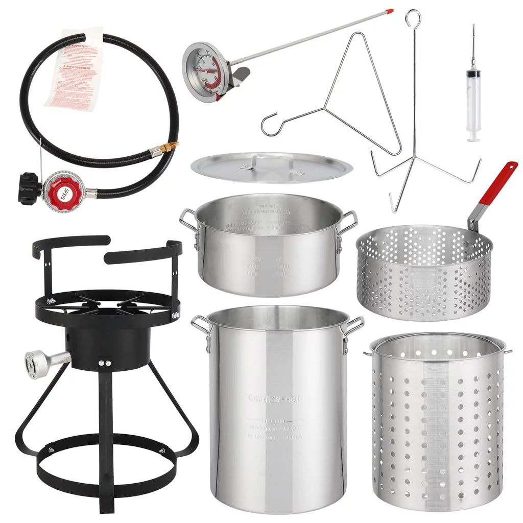 Black Round Iron Stove Frame, Silver Aluminum 30qt Turkey Pot 10qt Fish Pot Y4779