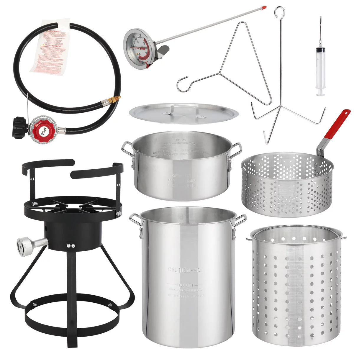 Black Round Iron Stove Frame, Silver Aluminum 30qt Turkey Pot 10qt Fish Pot Y4779