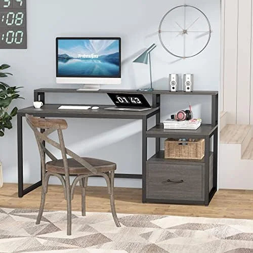 60 inch Grey Computer Desk with File Drawer and Shelves W288