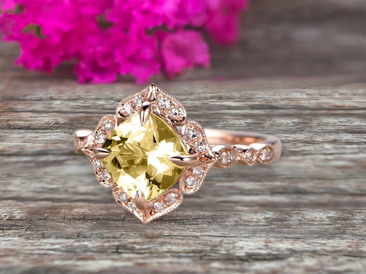 7mm Cushion Cut Champagne Diamond Moissanite Engagement Ring 2.05 Carat 10k Rose Gold K9376