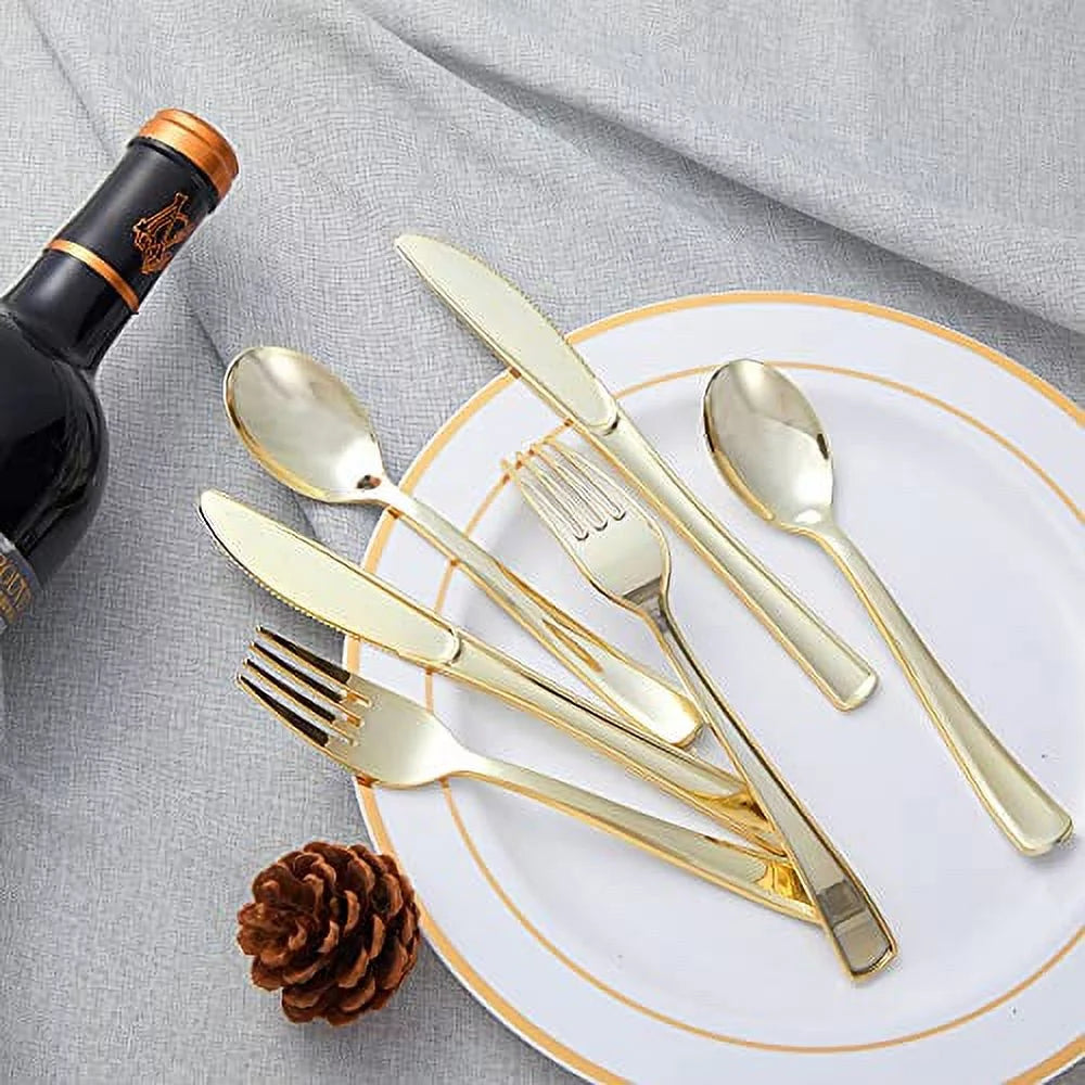 300 PCS Gold Plastic Cutlery Set U257529