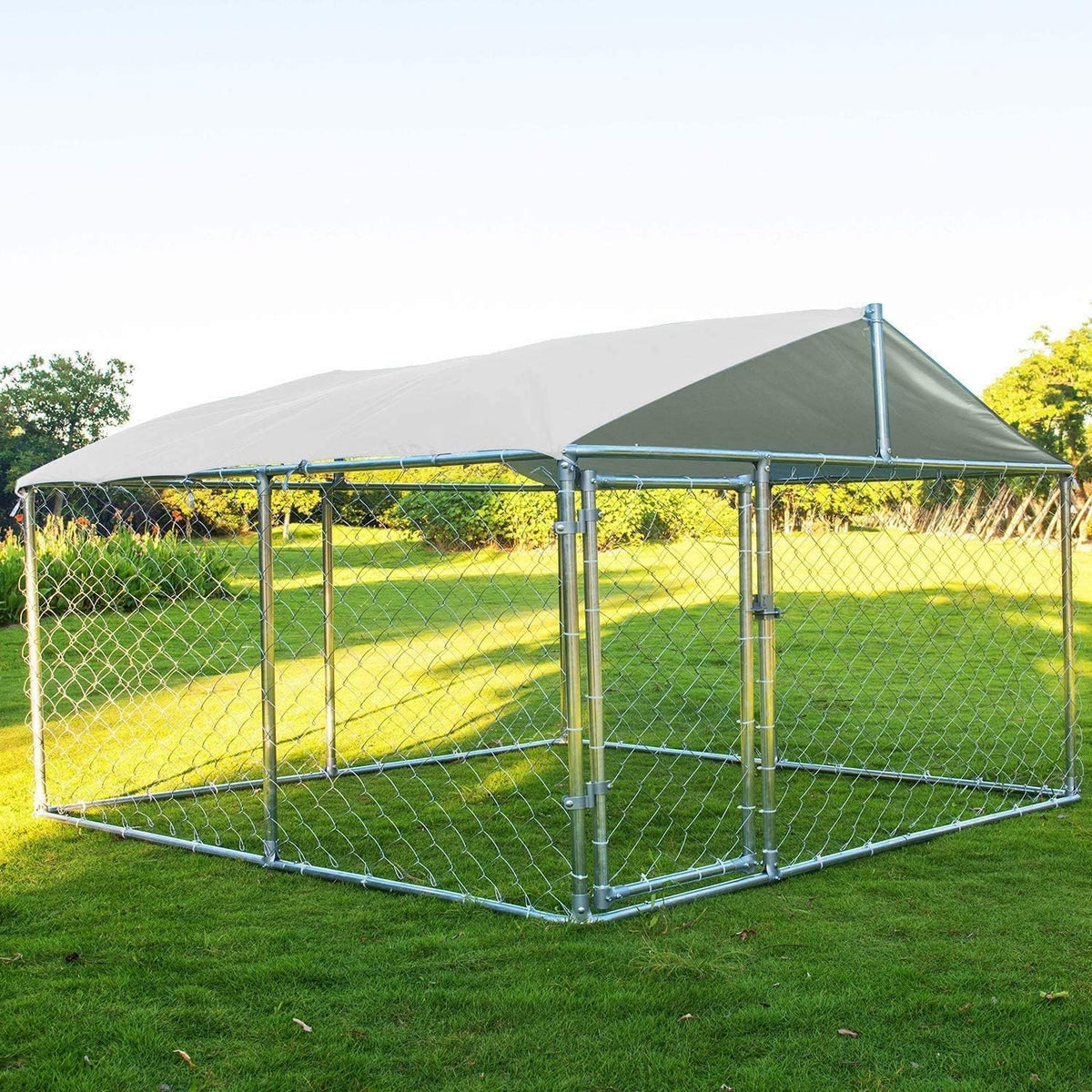 Silver 90"x90"x63" Outdoor Dog Kennel with Water-Resistant Cover M421