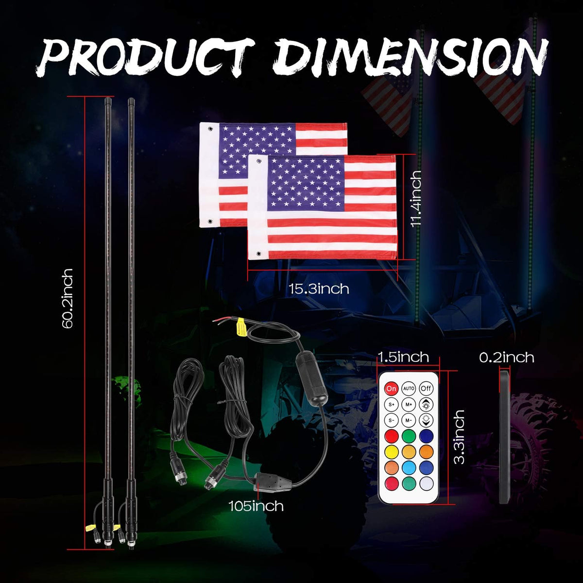 2PCS 5FT LED Whip Lights with RF Remote for ATV UTV U261
