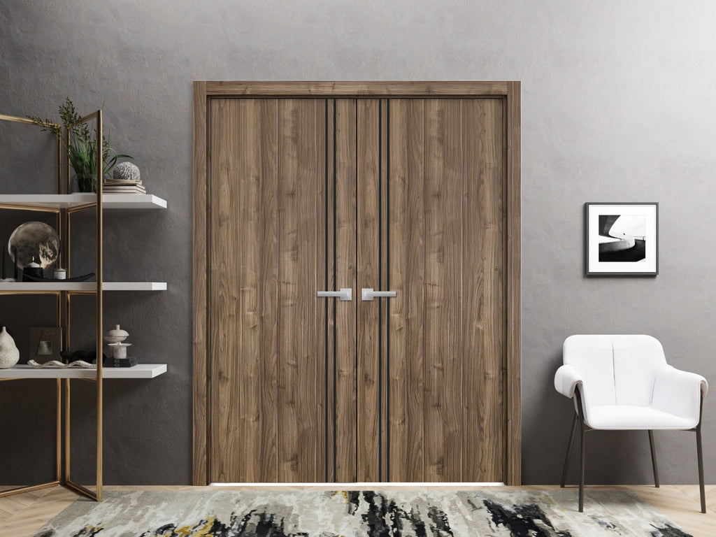 Solid French Double Doors 48 x 80 inches Walnut with Frosted Glass Wood Solid Panel Frame Trims Closet Bedroom Sturdy Doors F26957