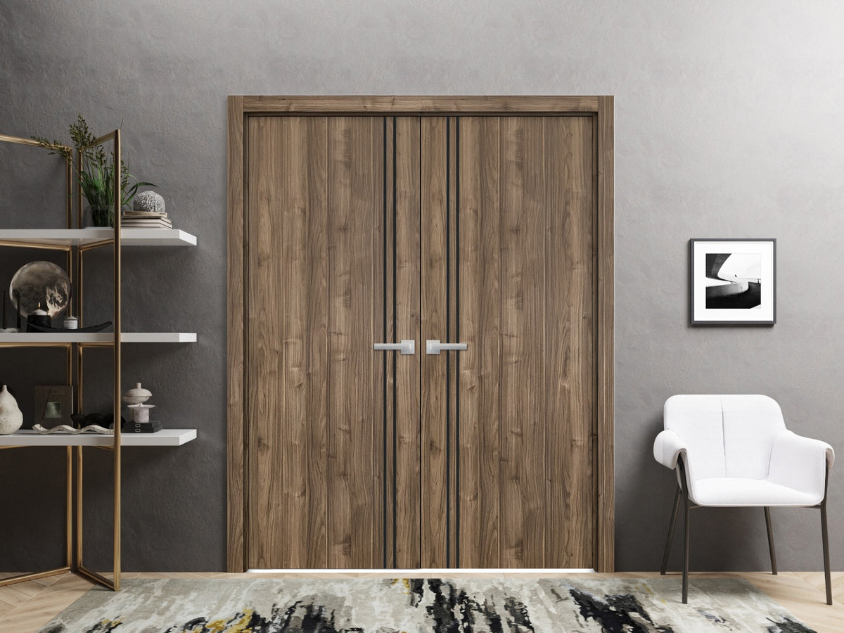 Solid French Double Doors 48 x 80 inches Walnut with Frosted Glass Wood Solid Panel Frame Trims Closet Bedroom Sturdy Doors F26957