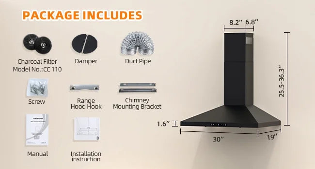 Stainless Steel Wall Mount Range Hood 30 Inch 600 CFM 3 Speed Ducted Ductless Convertible P936
