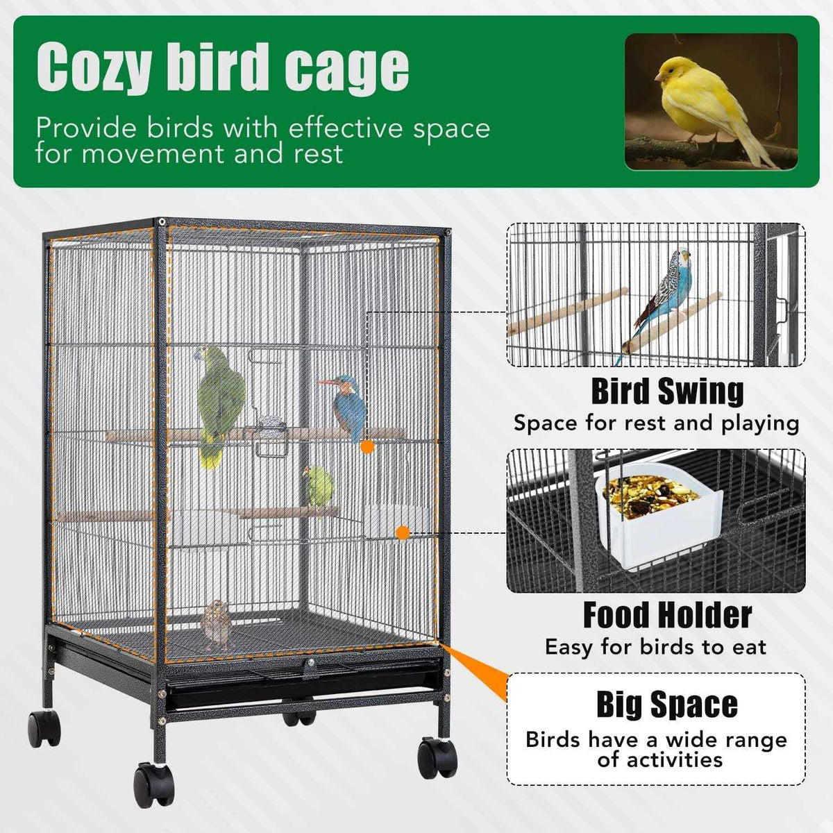 35-inch Wrought Iron Bird Cage with Rolling Stand V40789