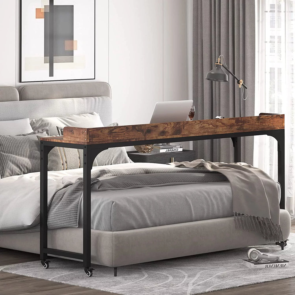 Brown Overbed Table with Wheels 70.8"L Queen Size Mobile Desk with Metal Legs J787