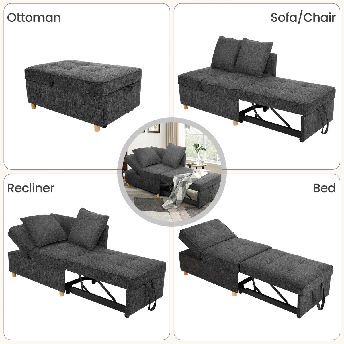 Black Convertible Sofa Bed Chair with 2 Pillows R949855