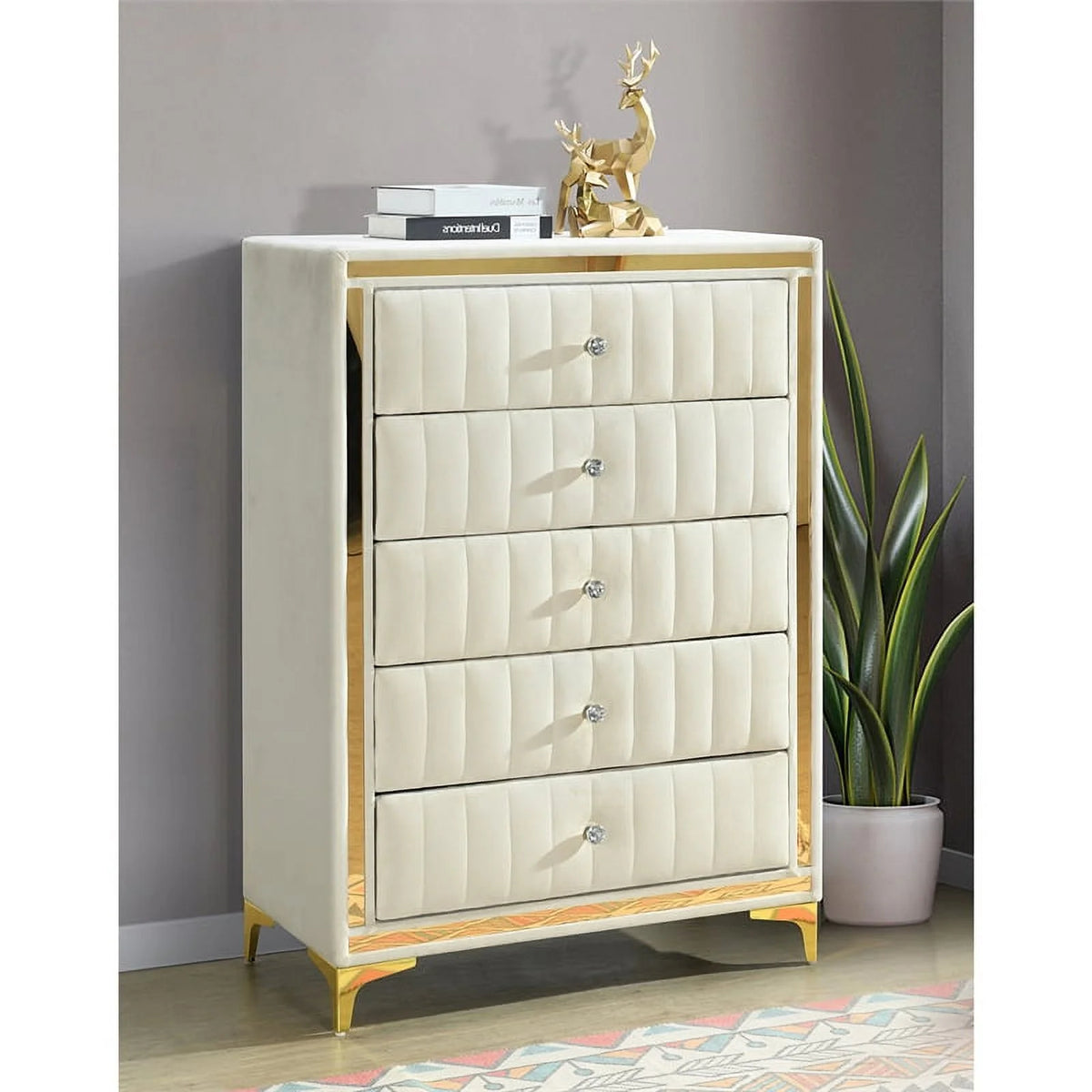 Cream Velvet Upholstered 5-Drawer Chest T723861