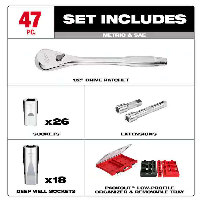 1/2 in. Drive SAE/Metric Ratchet and Socket Mechanics Tool Set (47-Piece) F43352