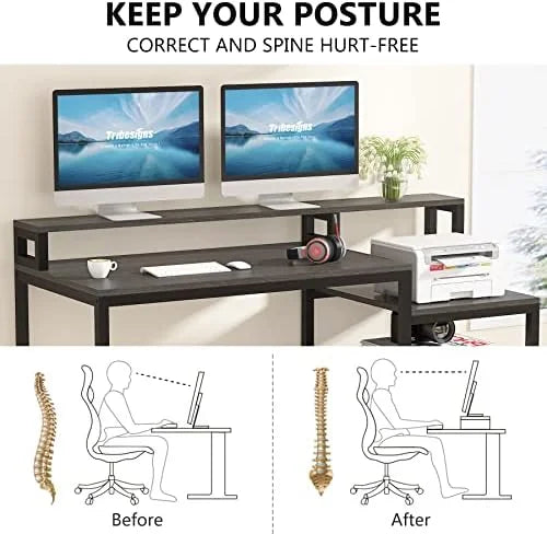 60 inch Grey Computer Desk with File Drawer and Shelves W288